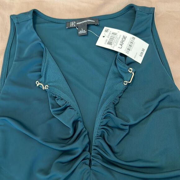 INC NWT szL Dark teal sleeveless gathered keyhole lined front top - Picture 4 of 10